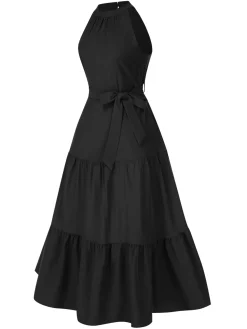 Fashion Retro Stage 1950s Solid Crew Halter Tiered Dress
