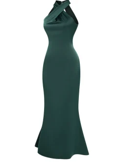 New Retro Stage 1930s Solid Cross Neck Halter Fishtail Dress