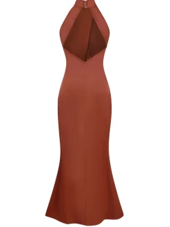 New Retro Stage 1930s Solid Cross Neck Halter Fishtail Dress