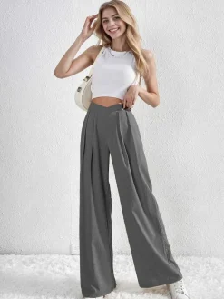 Sale Retro Stage 1930s Solid Cross Pleated Straight Pants
