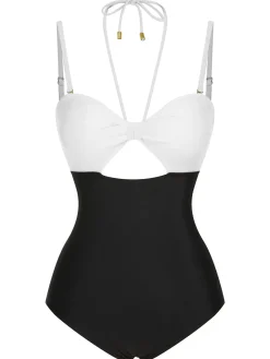 Sale Retro Stage 1950s Solid Cutout Halter Strap Swimsuit