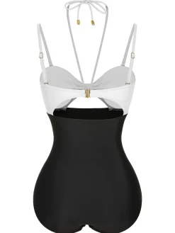 Sale Retro Stage 1950s Solid Cutout Halter Strap Swimsuit