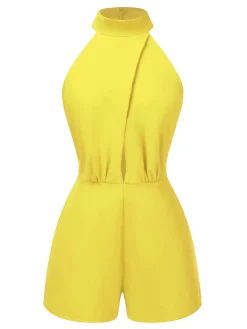 Outlet Retro Stage 1930s Solid Cutout Stand Collar Halter Romper