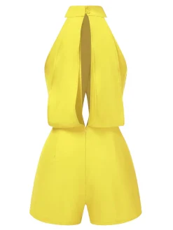 Outlet Retro Stage 1930s Solid Cutout Stand Collar Halter Romper