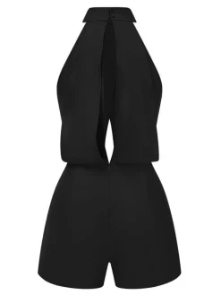 Outlet Retro Stage 1930s Solid Cutout Stand Collar Halter Romper
