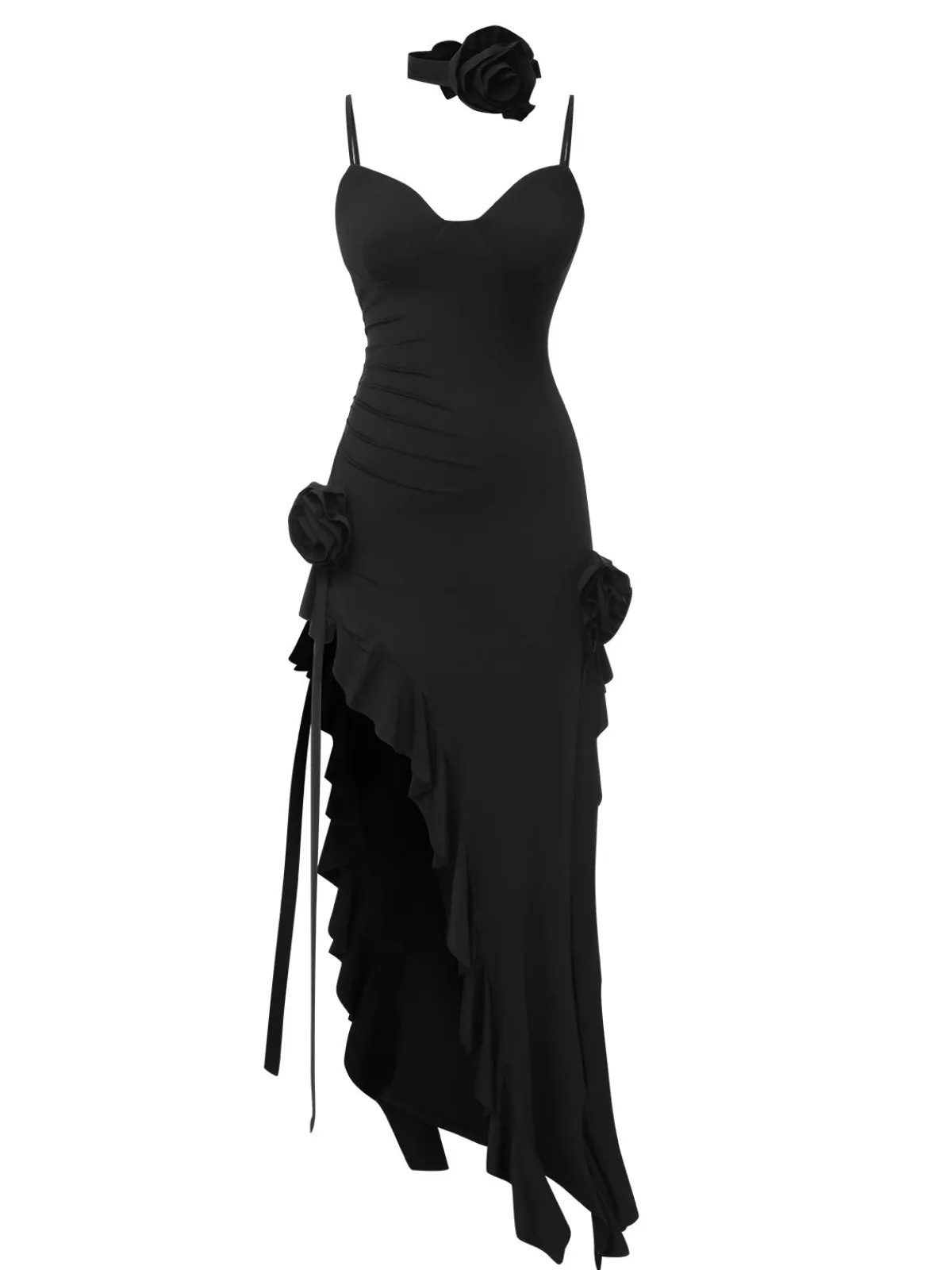 Fashion Retro Stage 1970s Solid 3D Rose Ruffle High Low Hem Dress