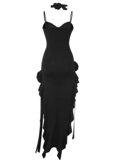 Fashion Retro Stage 1970s Solid 3D Rose Ruffle High Low Hem Dress