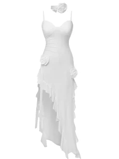 Fashion Retro Stage 1970s Solid 3D Rose Ruffle High Low Hem Dress