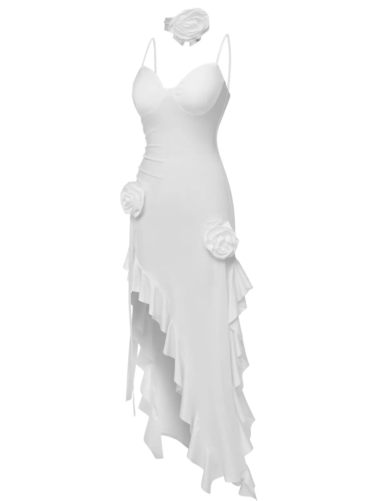 Fashion Retro Stage 1970s Solid 3D Rose Ruffle High Low Hem Dress