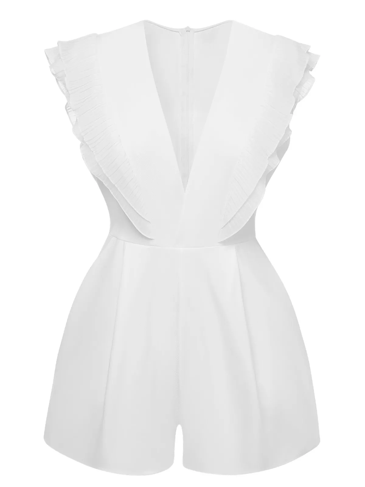 Clearance Retro Stage 1950s Solid Deep V Neck Ruffles Sleeveless Romper White