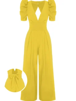 Best Retro Stage 1930s Solid Deep V Puff Sleeves Jumpsuit