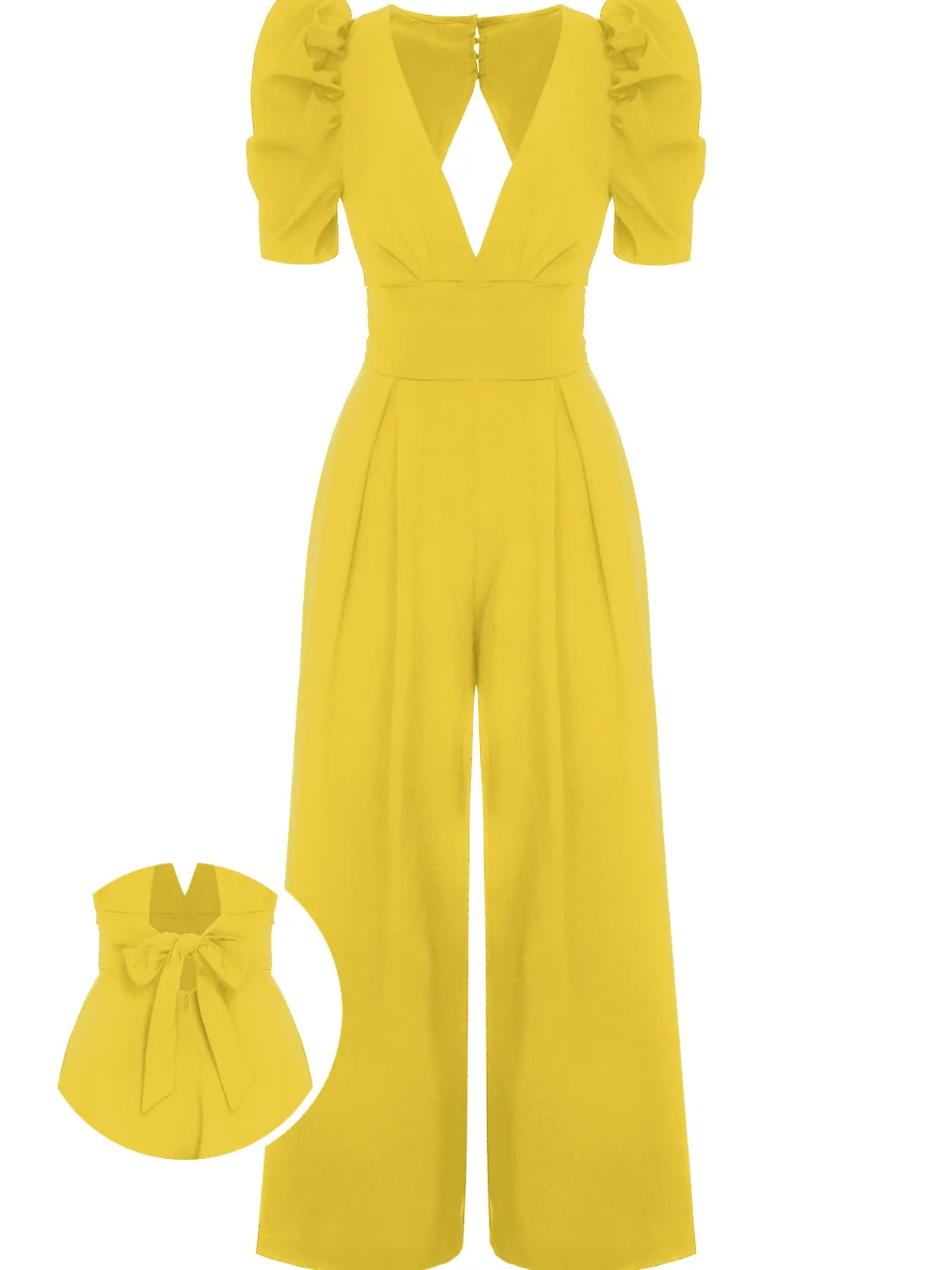 Best Retro Stage 1930s Solid Deep V Puff Sleeves Jumpsuit