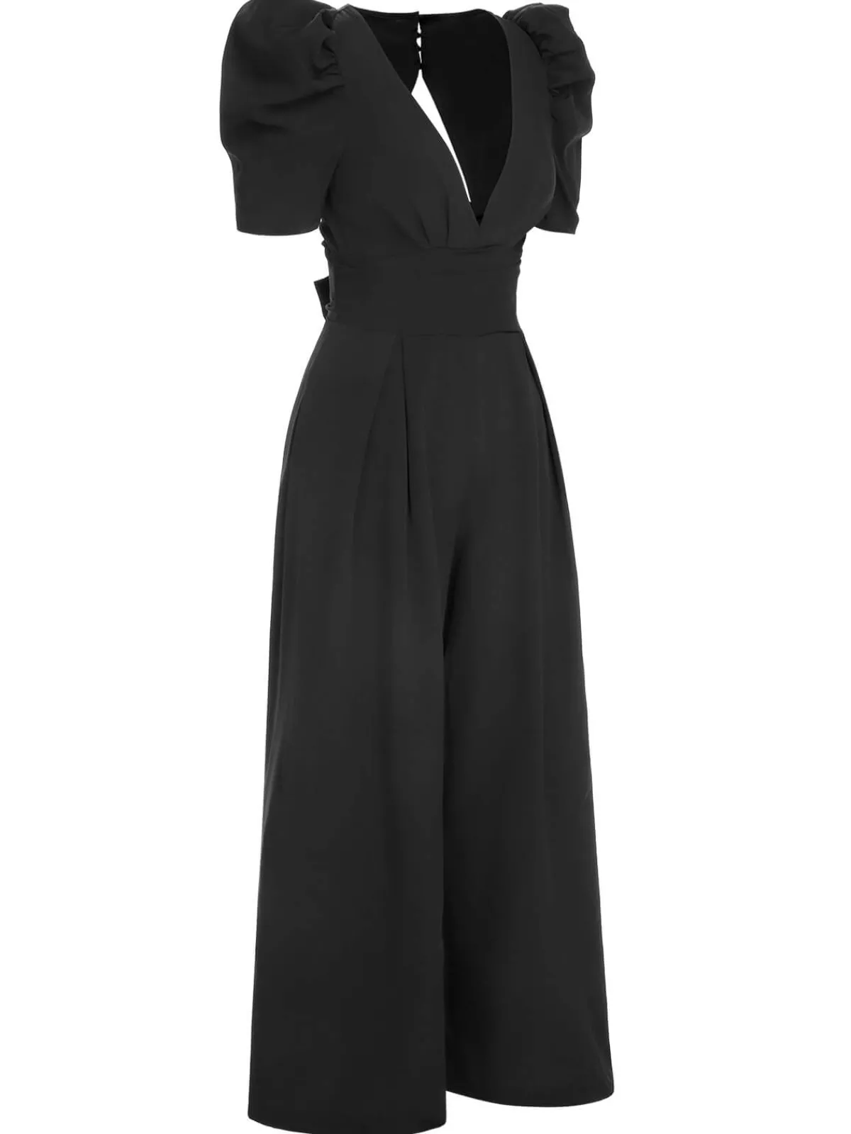 Best Retro Stage 1930s Solid Deep V Puff Sleeves Jumpsuit