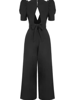 Best Retro Stage 1930s Solid Deep V Puff Sleeves Jumpsuit