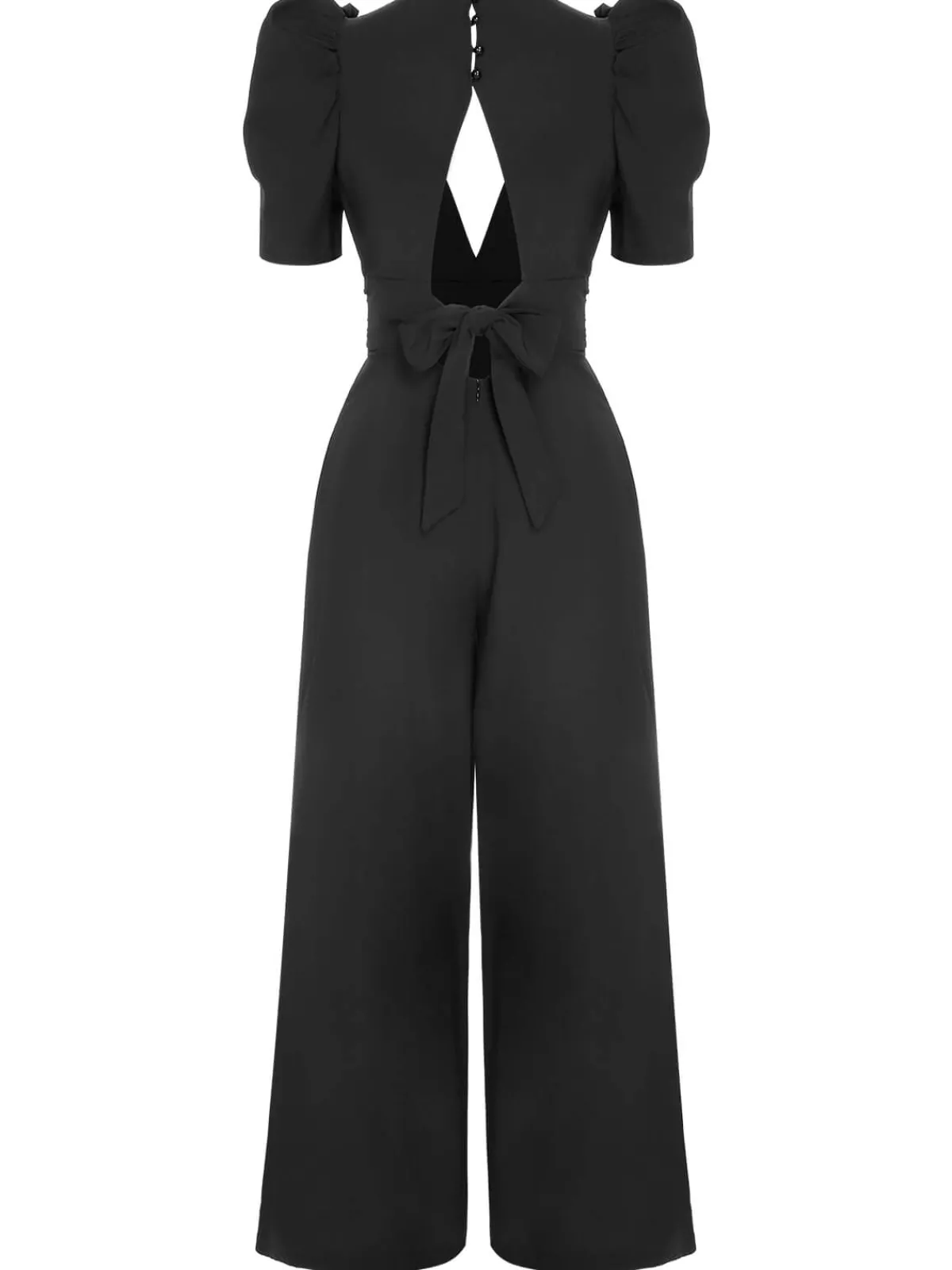 Best Retro Stage 1930s Solid Deep V Puff Sleeves Jumpsuit