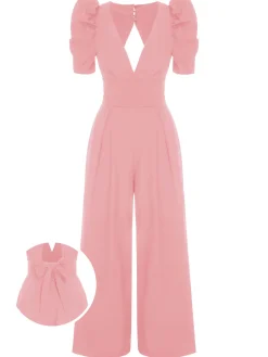Best Retro Stage 1930s Solid Deep V Puff Sleeves Jumpsuit