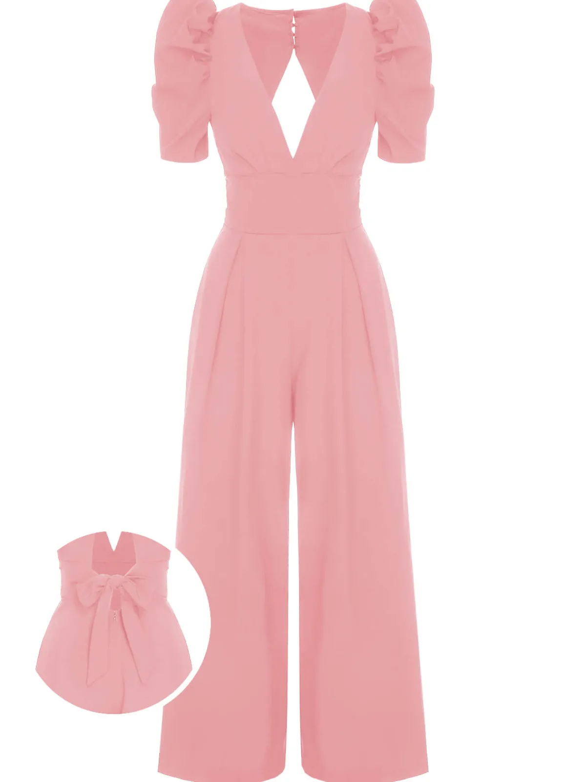 Best Retro Stage 1930s Solid Deep V Puff Sleeves Jumpsuit