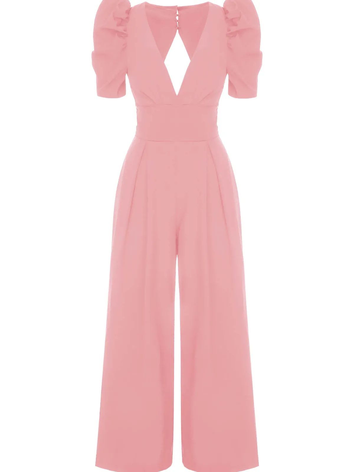 Best Retro Stage 1930s Solid Deep V Puff Sleeves Jumpsuit