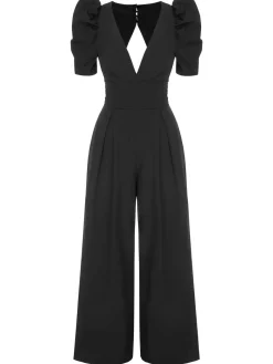 Hot Retro Stage 1930s Solid Deep V Puff Sleeves Jumpsuit Black