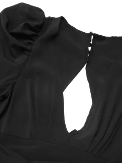Hot Retro Stage 1930s Solid Deep V Puff Sleeves Jumpsuit Black