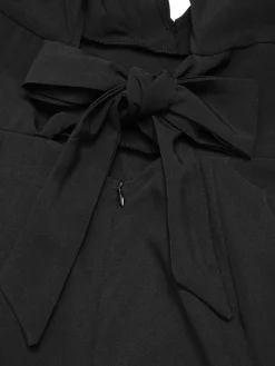Hot Retro Stage 1930s Solid Deep V Puff Sleeves Jumpsuit Black