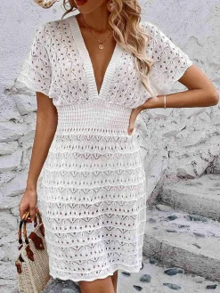 Sale Retro Stage 1960s Solid Deep V-Neck Crochet Cover-Up