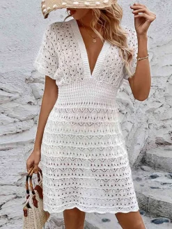 Sale Retro Stage 1960s Solid Deep V-Neck Crochet Cover-Up