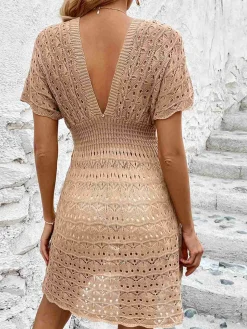 Sale Retro Stage 1960s Solid Deep V-Neck Crochet Cover-Up