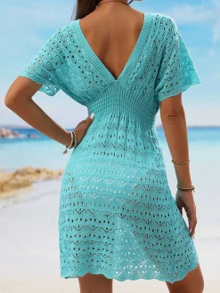 Sale Retro Stage 1960s Solid Deep V-Neck Crochet Cover-Up