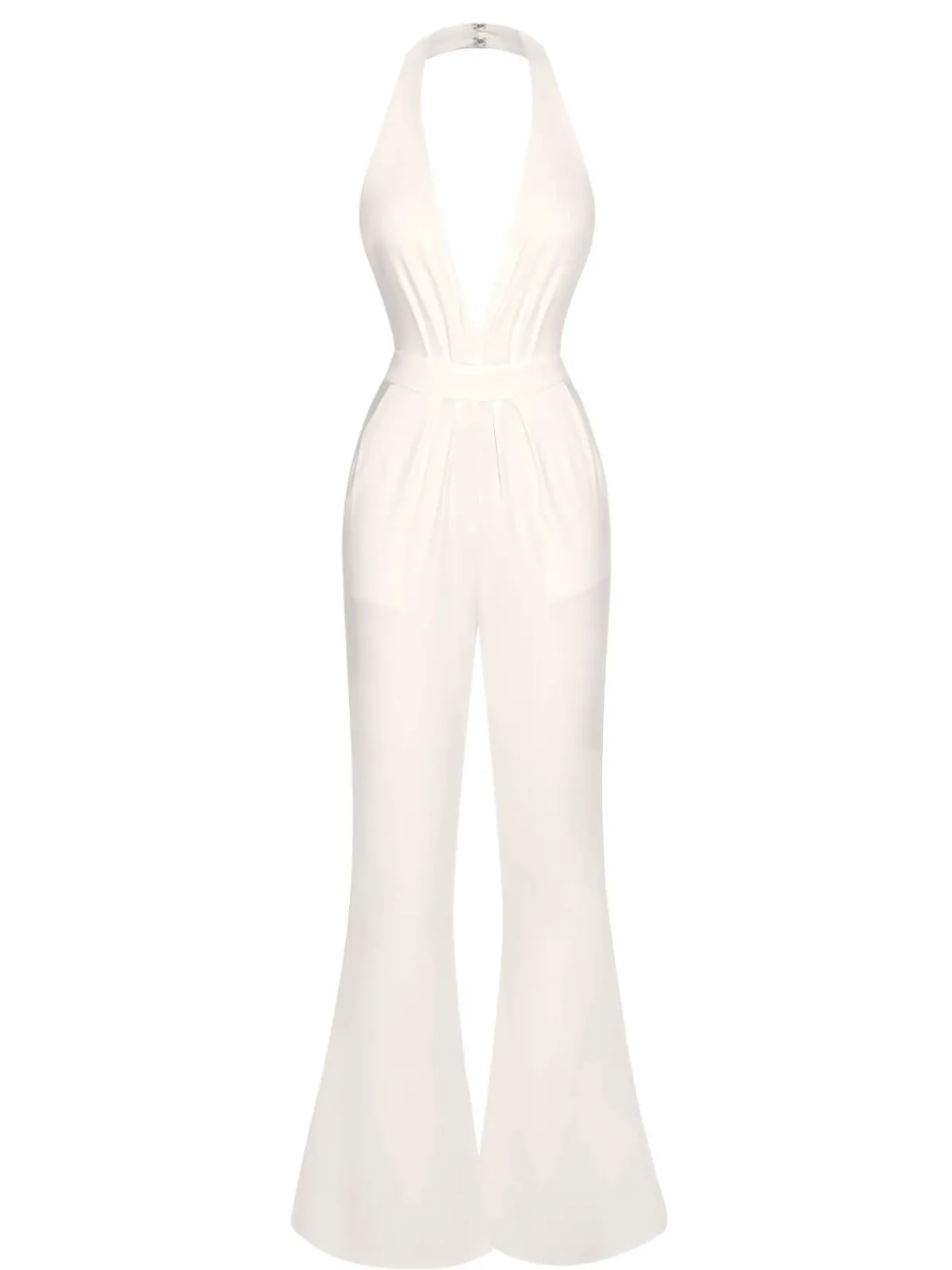 New Retro Stage 1930s Solid Deep V-Neck Halter Jumpsuit