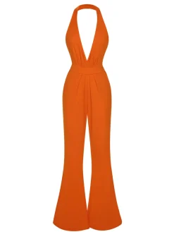 New Retro Stage 1930s Solid Deep V-Neck Halter Jumpsuit