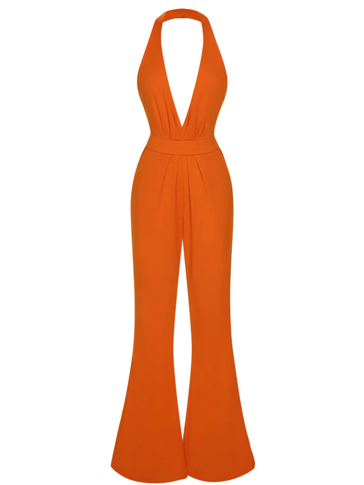 New Retro Stage 1930s Solid Deep V-Neck Halter Jumpsuit
