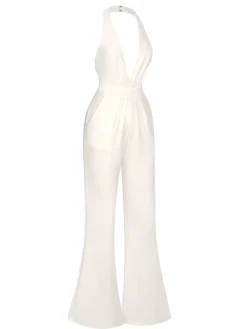 New Retro Stage 1930s Solid Deep V-Neck Halter Jumpsuit