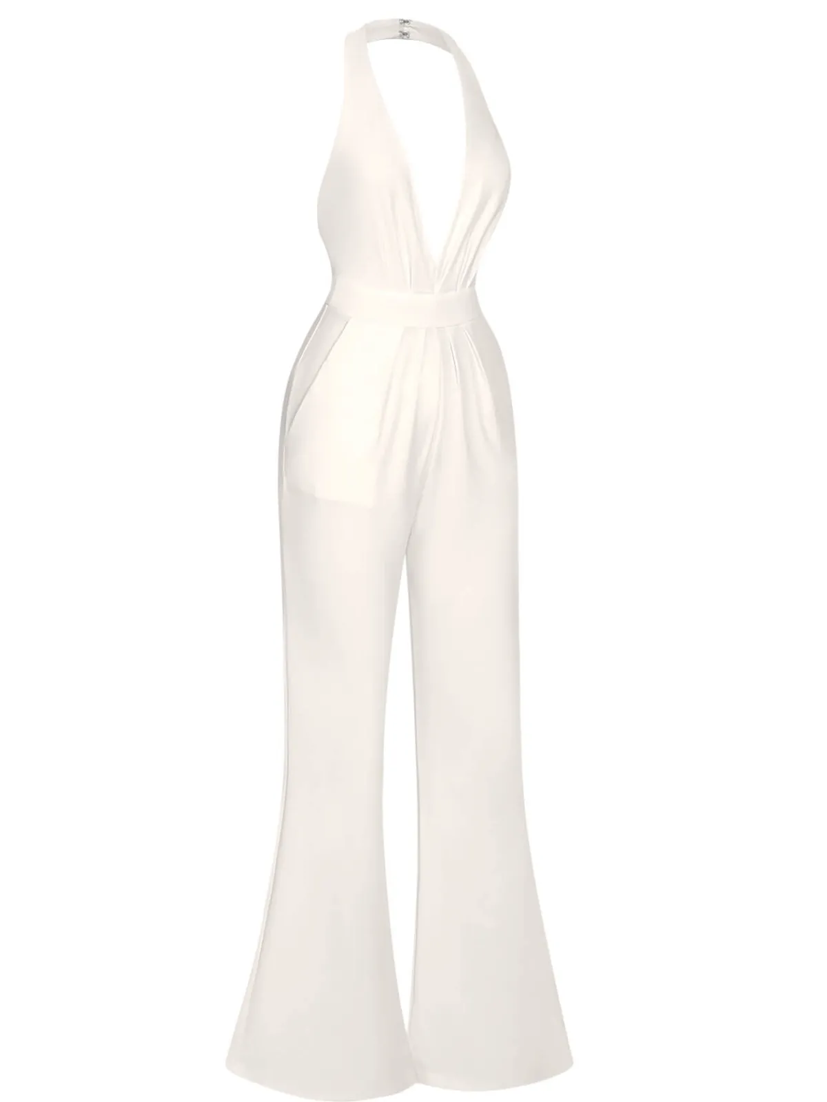 New Retro Stage 1930s Solid Deep V-Neck Halter Jumpsuit