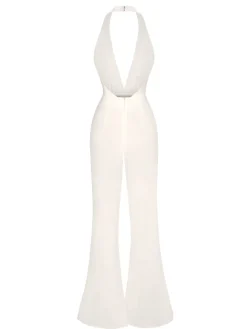 New Retro Stage 1930s Solid Deep V-Neck Halter Jumpsuit