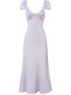 Online Retro Stage 1930s Solid Deep V-Neck Lace Trim Nightgown Lavender
