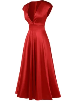 Best Retro Stage 1930s Solid Deep V-Neck Satin Dress