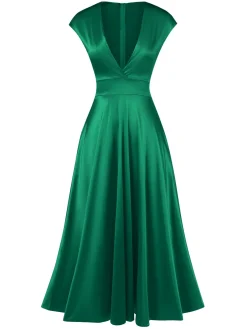 Best Retro Stage 1930s Solid Deep V-Neck Satin Dress