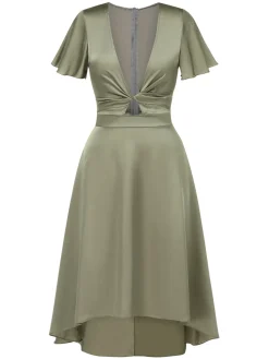 Online Retro Stage 1940s Solid Deep V-Neck Twisted Satin Dress