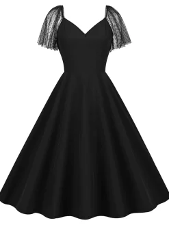 New Retro Stage 1950s Solid Dots Mesh Sleeve V-Neck Dress