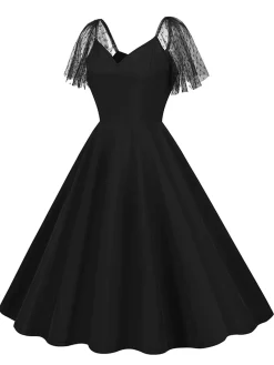 New Retro Stage 1950s Solid Dots Mesh Sleeve V-Neck Dress