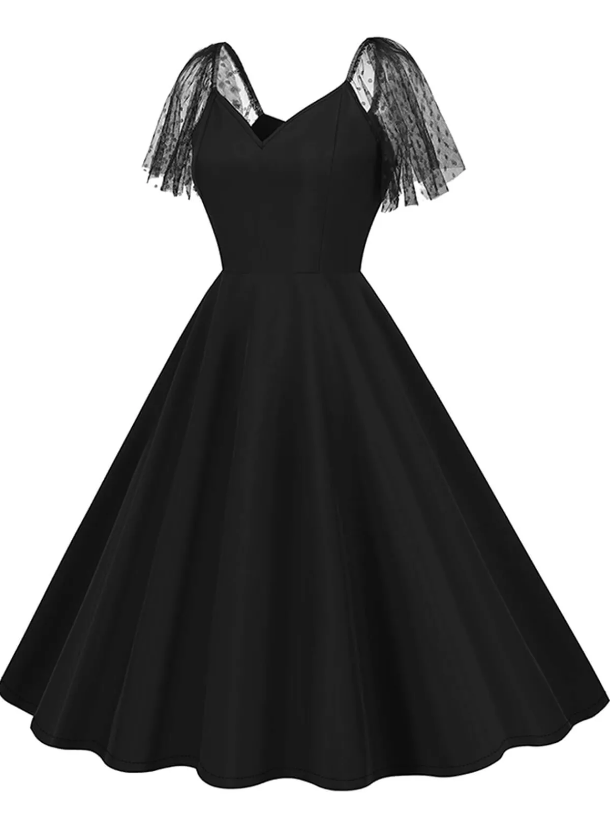 New Retro Stage 1950s Solid Dots Mesh Sleeve V-Neck Dress