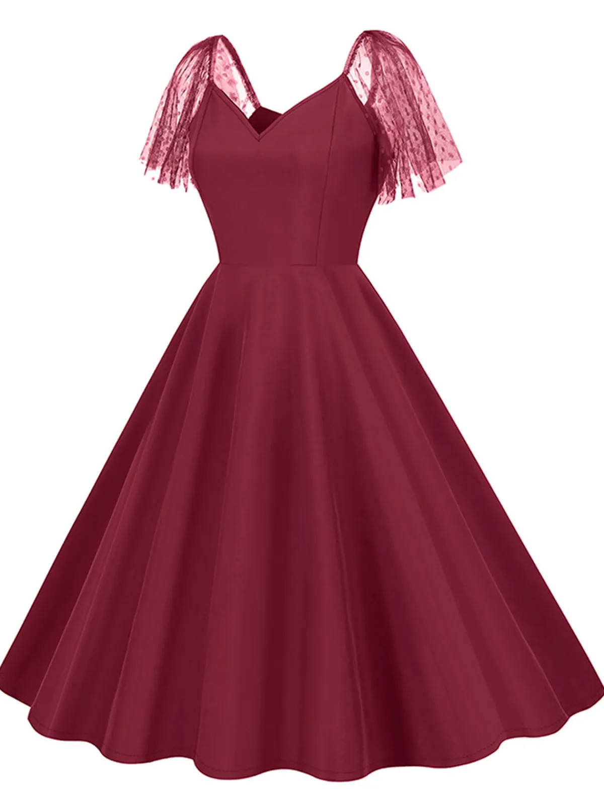 New Retro Stage 1950s Solid Dots Mesh Sleeve V-Neck Dress