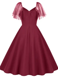 New Retro Stage 1950s Solid Dots Mesh Sleeve V-Neck Dress