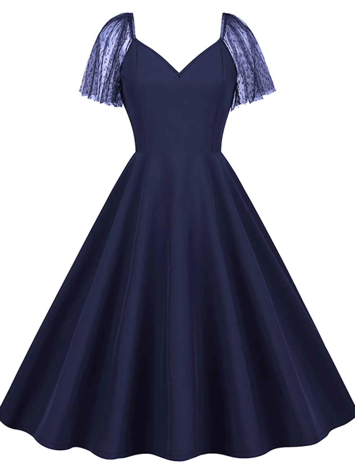 New Retro Stage 1950s Solid Dots Mesh Sleeve V-Neck Dress