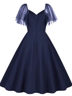 New Retro Stage 1950s Solid Dots Mesh Sleeve V-Neck Dress