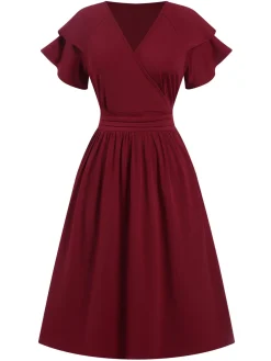 Online Retro Stage 1940s Solid Double Sleeves V-Neck Dress