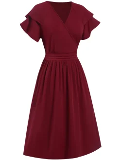 Online Retro Stage 1940s Solid Double Sleeves V-Neck Dress