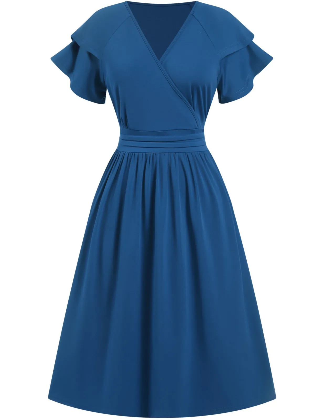 Online Retro Stage 1940s Solid Double Sleeves V-Neck Dress