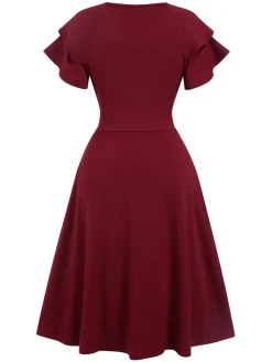 Online Retro Stage 1940s Solid Double Sleeves V-Neck Dress